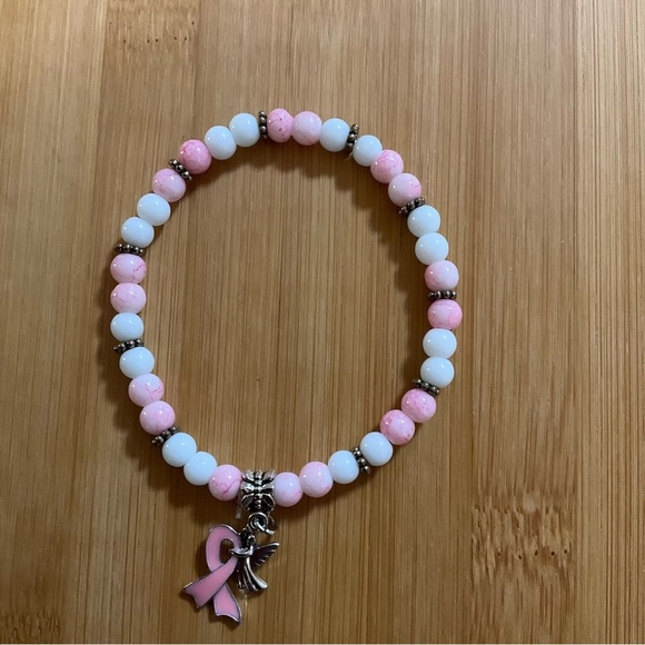 Hand Crafted Breast Cancer Awareness Bracelet Set Beaded Stretch 7.5 inches - Picture 2 of 12